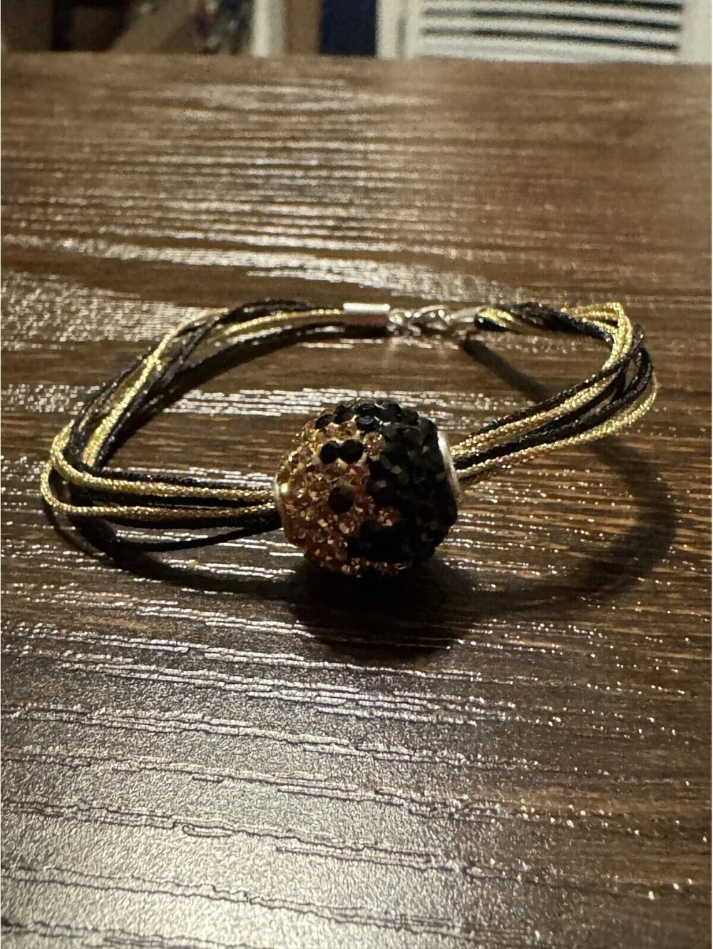 925 Silver Clasp Black Gold Rope Bracelet Pave Crystal Statement Bead Boho